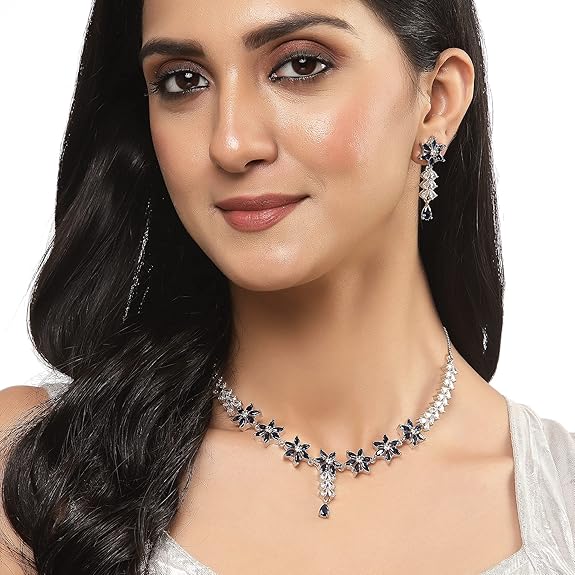 LukGud American Diamond Studded Necklace Earrings Jewellery Set for Girls and Women