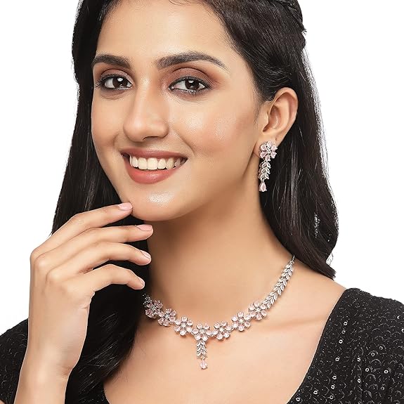 LukGud American Diamond Studded Necklace Earrings Jewellery Set for Girls and Women