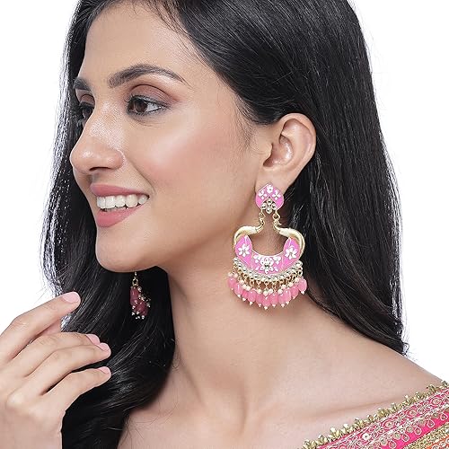 LukGud Gold-Plated Kundan & Pearls studded Peacock Shaped Handcrafted Drop Earrings