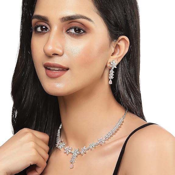 LukGud American Diamond Studded Necklace Earrings Jewellery Set for Girls and Women