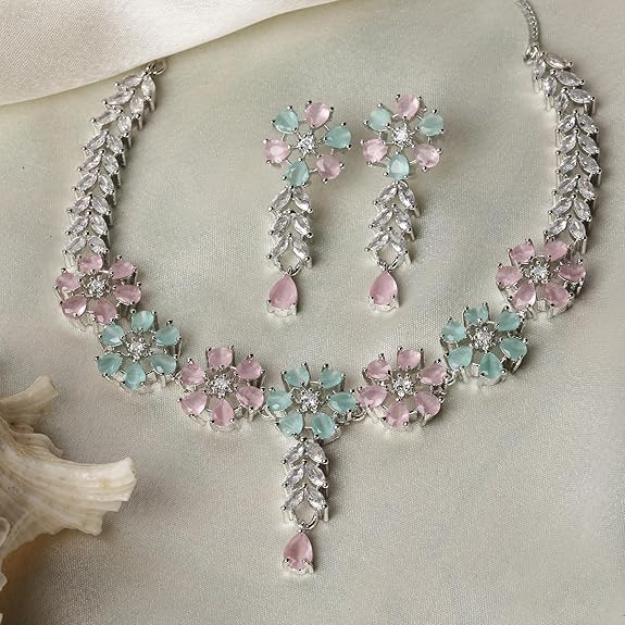 LukGud American Diamond Studded Necklace Earrings Jewellery Set for Girls and Women