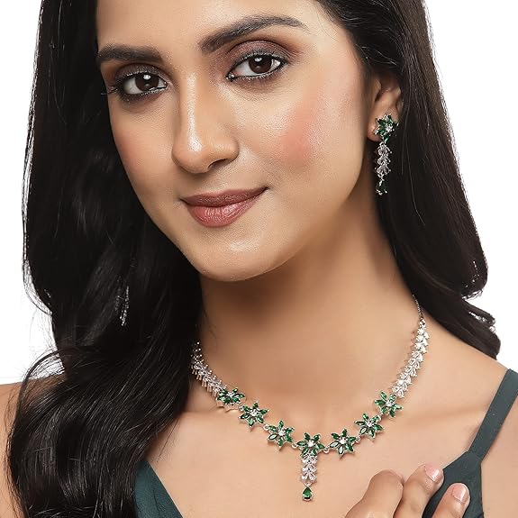LukGud American Diamond Studded Necklace Earrings Jewellery Set for Girls and Women