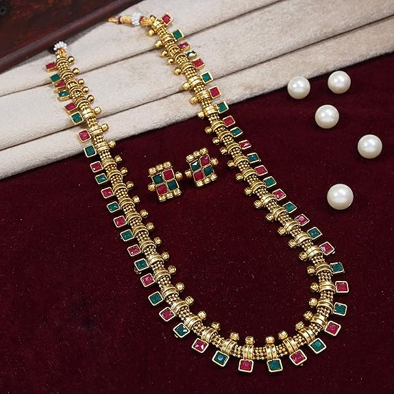 LukGud South Indian Stylish Multicolour Stone Work Long Necklace With Earrings For Women & Girls
