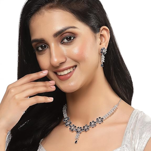 LukGud American Diamond Studded Necklace Earrings Jewellery Set for Girls and Women