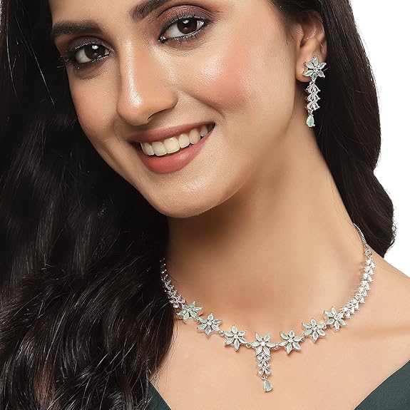 LukGud American Diamond Studded Necklace Earrings Jewellery Set for Girls and Women