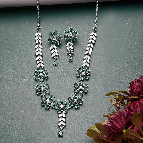 LukGud American Diamond Studded Necklace Earrings Jewellery Set for Girls and Women