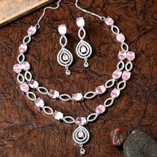 LukGud American Diamond Studded Abstract Necklace With Earrings Jewellery Set For Girls and Women