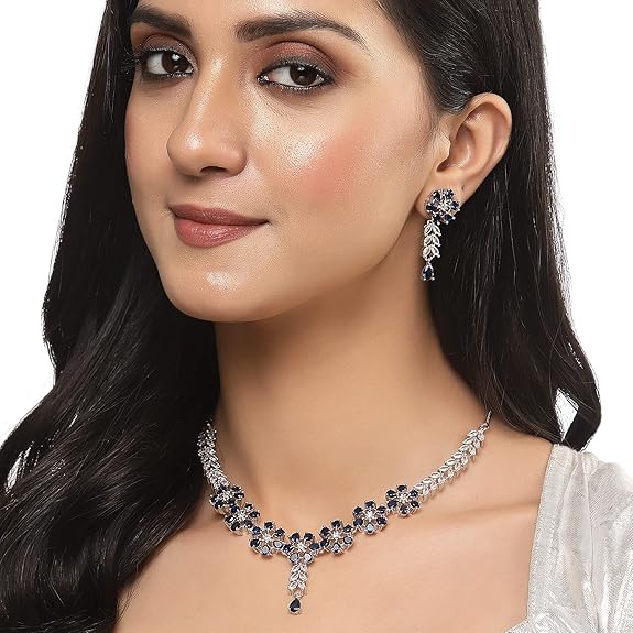LukGud American Diamond Studded Necklace Earrings Jewellery Set for Girls and Women