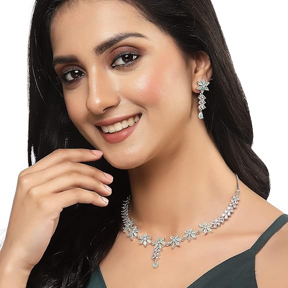 LukGud American Diamond Studded Necklace Earrings Jewellery Set for Girls and Women