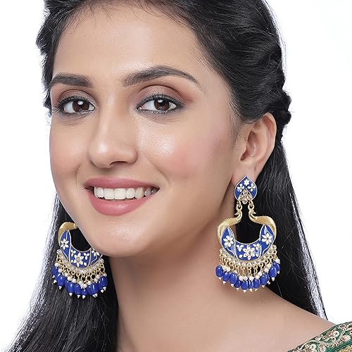 LukGud Gold-Plated Kundan & Pearls studded Peacock Shaped Handcrafted Drop Earrings