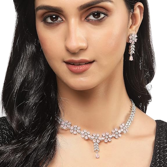 LukGud American Diamond Studded Necklace Earrings Jewellery Set for Girls and Women