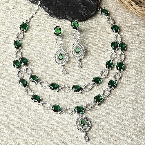 LukGud American Diamond Studded Abstract Necklace With Earrings Jewellery Set For Girls and Women