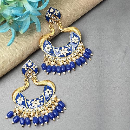 LukGud Gold-Plated Kundan & Pearls studded Peacock Shaped Handcrafted Drop Earrings