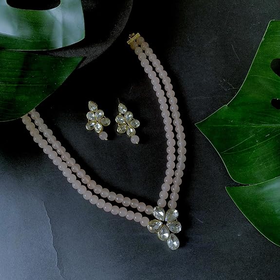 LukGud 18k Gold Plated Traditional Kundan & Pearl Studded Necklace Jewellery Set For Women