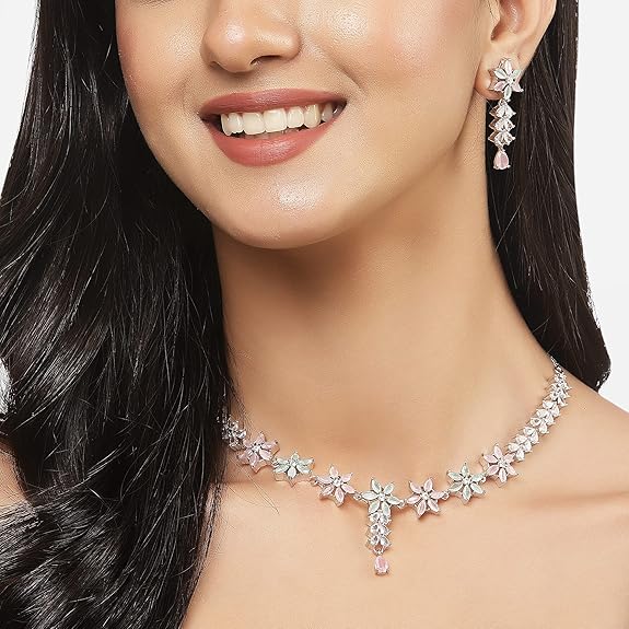 LukGud American Diamond Studded Necklace Earrings Jewellery Set for Girls and Women