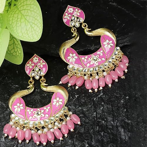 LukGud Gold-Plated Kundan & Pearls studded Peacock Shaped Handcrafted Drop Earrings