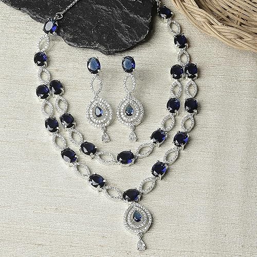 LukGud American Diamond Studded Abstract Necklace With Earrings Jewellery Set For Girls and Women