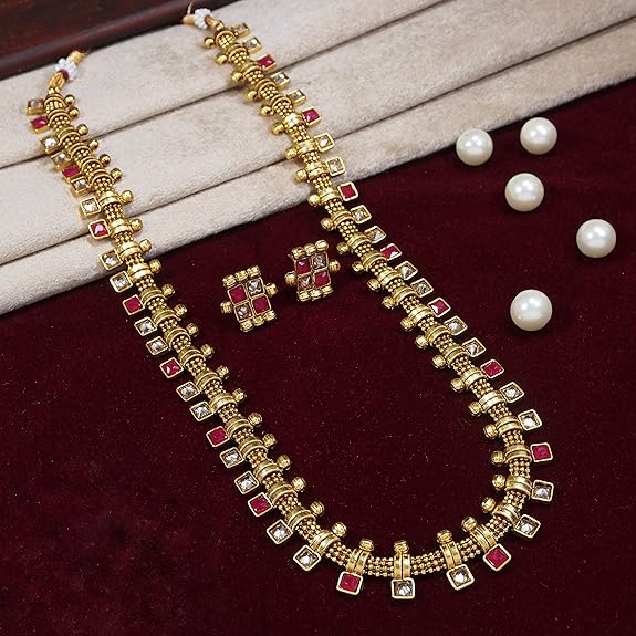 LukGud South Indian Stylish Multicolour Stone Work Long Necklace With Earrings For Women & Girls