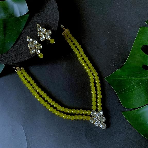 LukGud 18k Gold Plated Traditional Kundan & Pearl Studded Necklace Jewellery Set For Women