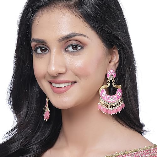 LukGud Gold-Plated Kundan & Pearls studded Peacock Shaped Handcrafted Drop Earrings