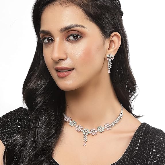 LukGud American Diamond Studded Necklace Earrings Jewellery Set for Girls and Women
