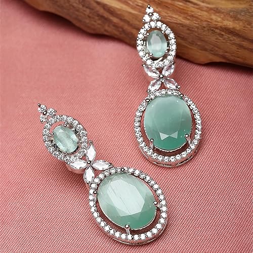 LukGud Oxidised Silver-Plated American Diamond studded Oval Shaped Drop Earrings Jewellery For Girls and Women