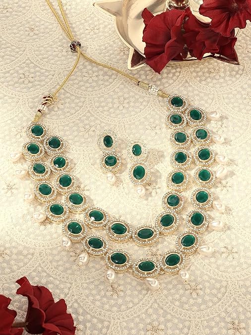 LukGud Artificial Stones & Beads Bridal Necklace & Earring Set For Women