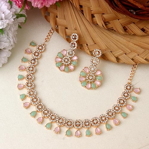 LukGud American Diamond Necklace Jewellery Set with Earrings for Women