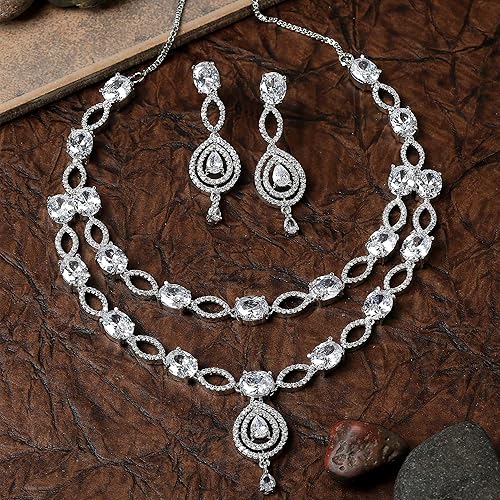 LukGud American Diamond Studded Abstract Necklace With Earrings Jewellery Set For Girls and Women