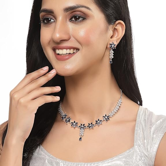 LukGud American Diamond Studded Necklace Earrings Jewellery Set for Girls and Women