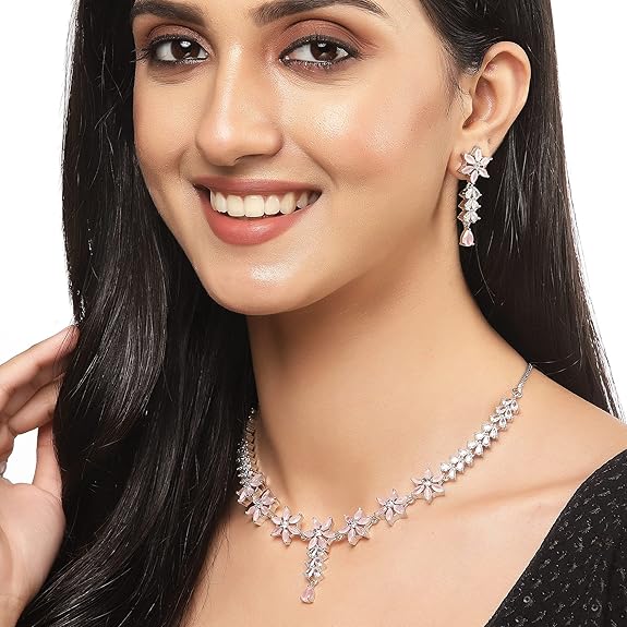 LukGud American Diamond Studded Necklace Earrings Jewellery Set for Girls and Women