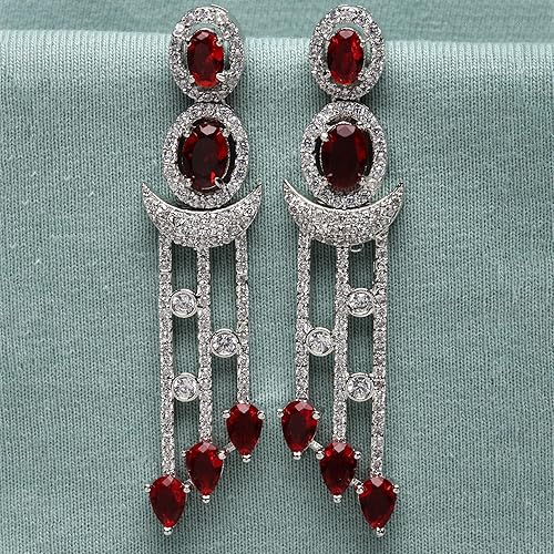 LukGud Oxidised Silver-Plated American Diamond studded Crescent Shaped Drop Earrings for Girls and Women