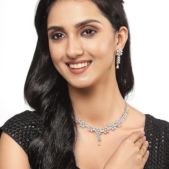 LukGud American Diamond Studded Necklace Earrings Jewellery Set for Girls and Women