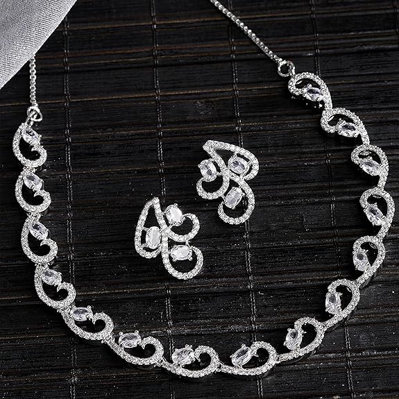 LukGud American Diamond studded Necklace and Drop Earrings Jewellery Set for women