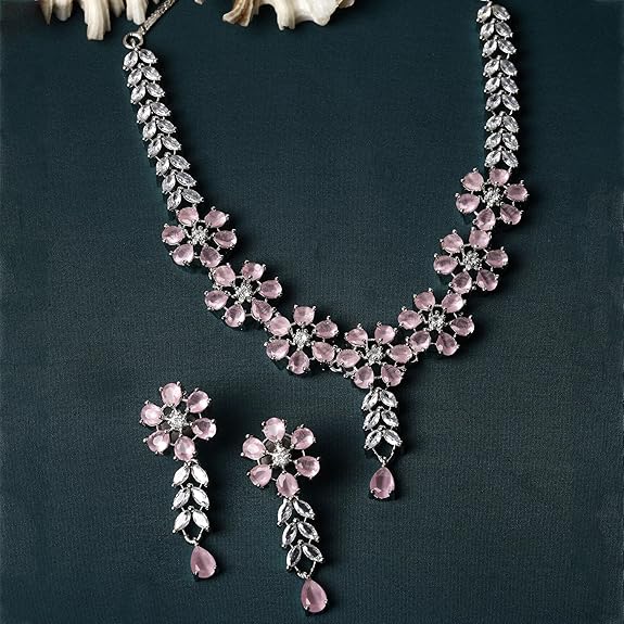 LukGud American Diamond Studded Necklace Earrings Jewellery Set for Girls and Women