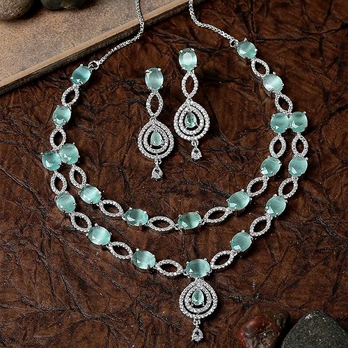 LukGud American Diamond Studded Abstract Necklace With Earrings Jewellery Set For Girls and Women