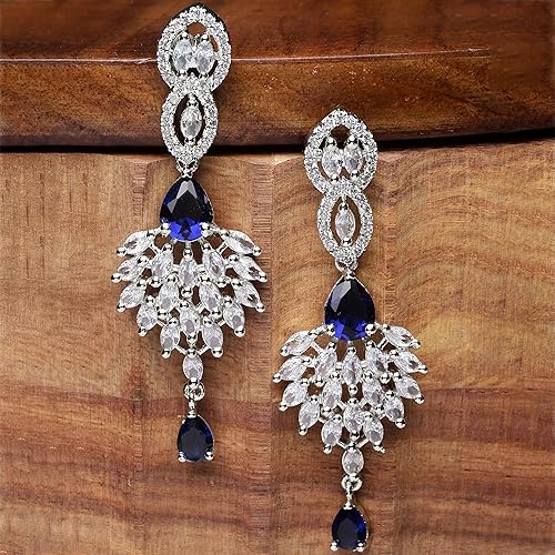 LukGud Rhodium-Plated American Diamond Studded Handcrafted Spiked Drop Earrings For Girls and Women