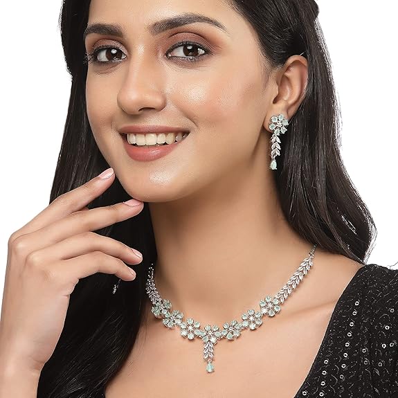 LukGud American Diamond Studded Necklace Earrings Jewellery Set for Girls and Women