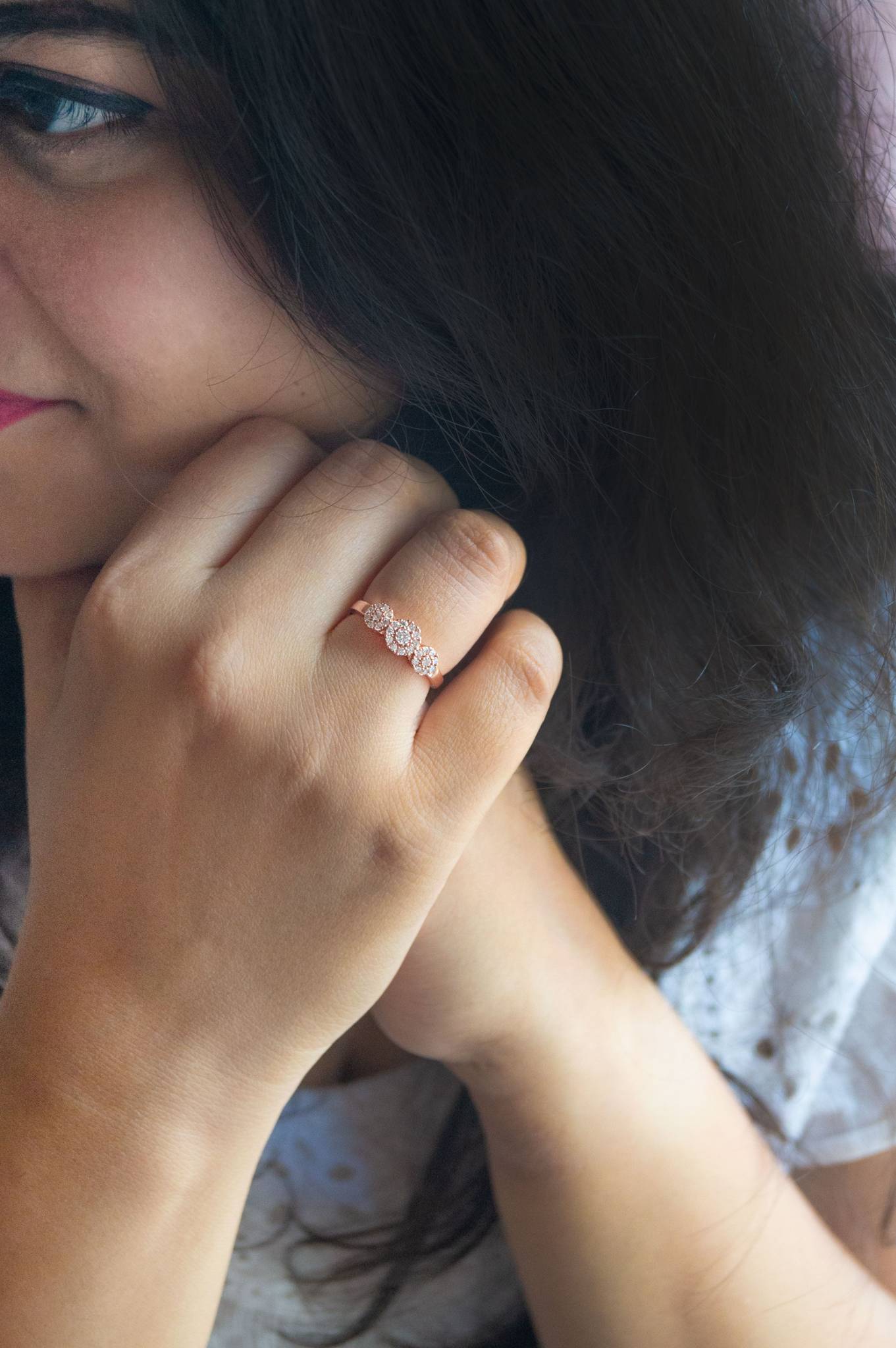 LukGud Flower Clusters Trail Rose Gold Plated Sterling Silver Delicate Ring