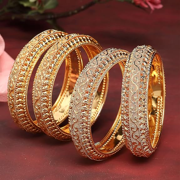 LukGud Silver-Plated Classic Intricate Textured Bangles Jewellery Set for Girls and Women -Set Of 4