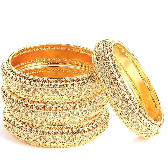 LukGud Silver-Plated Classic Intricate Textured Bangles Jewellery Set for Girls and Women -Set Of 4