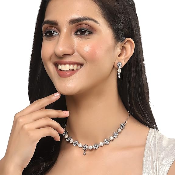 LukGud American Diamond Studded Necklace With Earring Jewellery Set For Woment and Girl