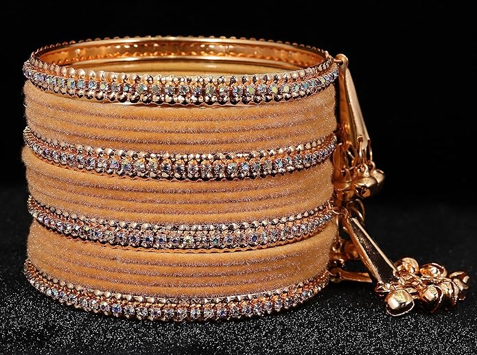 LukGud Velvet Studded Bells Latkan Bangles Set For Girls and Women -Pack of 16 Bangles