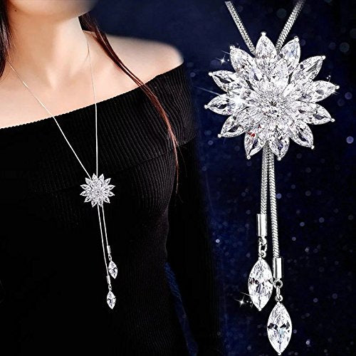 LukGud Crystal Flower Long Chain Stylish Pendant Necklace for Women and Girls