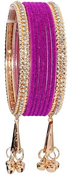 LukGud Velvet Studded Bells Latkan Bangles Set For Girls and Women -  Pack of 16 Bangles