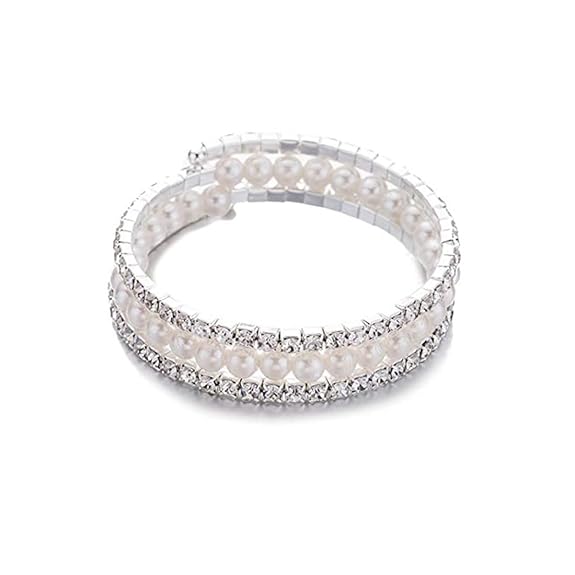 LukGud Silver Tone White Pearl Stone Multi-Layer Bracelet for Women