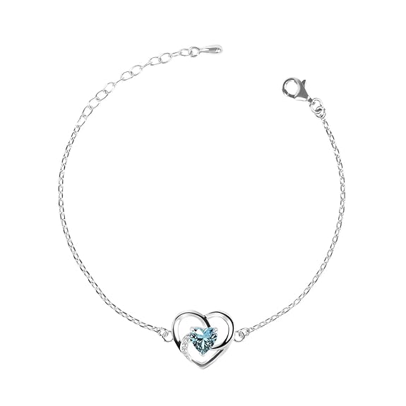 LukGud Silver Heart Bracelet, Adjustable, Rhodium Plated, Swiss Zirconia for Women and Girls