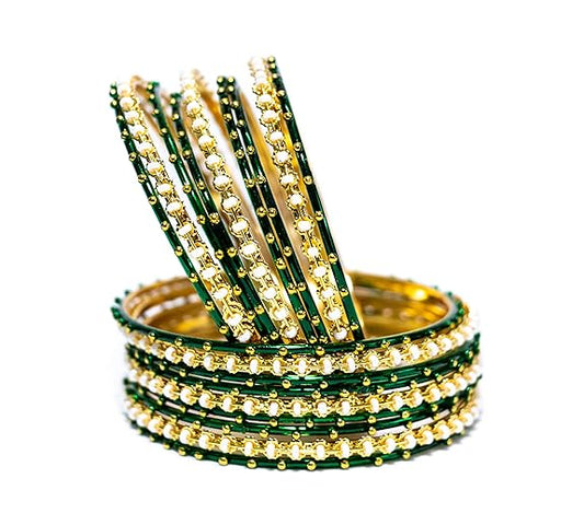 LukGud Traditional Gold Plated Metal Bangles Set for Women and Girls|12 Green Bangles and 6 Pearl Bangles