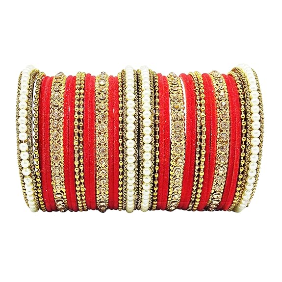 LukGud Traditional fabric stone metal bangles set for women and girls.