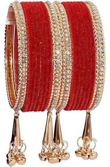 LukGud Velvet Studded Bells Latkan Bangles Set For Girls and Women -Pack of 16 Bangles